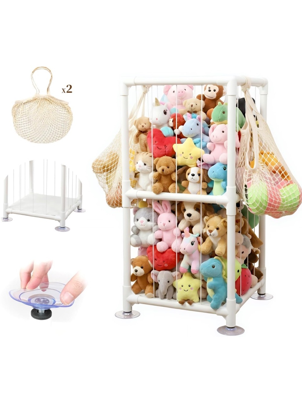 Plush Toy Display Organizer Rack in White with Colorful Plushes